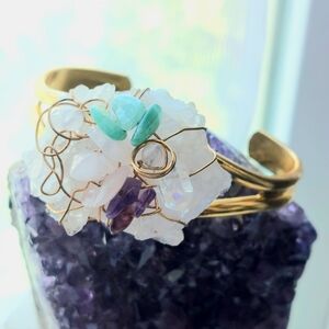 Genuine Quartz Crystal and Gemstone Cluster Gold Cuff Bracelet